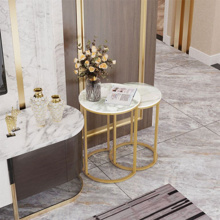 2pcs gold marble nesting side end tables round small stacking drink coffee table Marble and gold nesting side tables with flowers