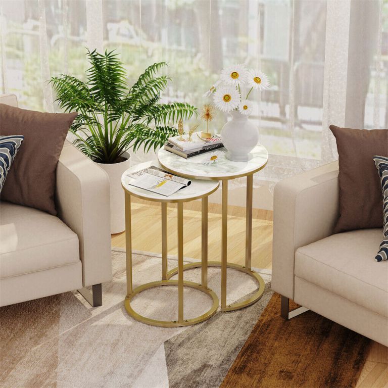 2pcs gold marble nesting side end tables round small stacking drink coffee table Modern nested marble side tables between armchairs