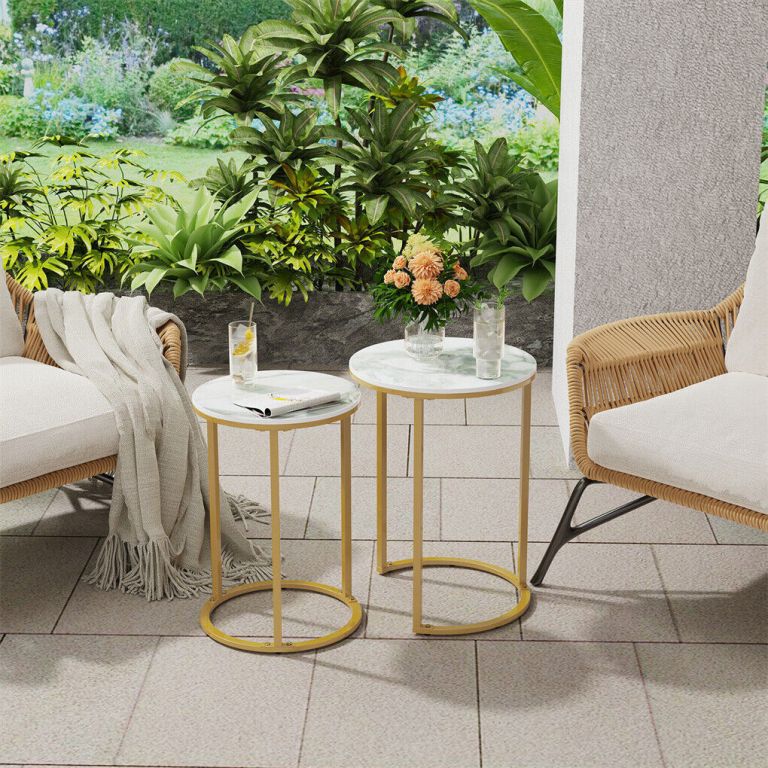 2pcs gold marble nesting side end tables round small stacking drink coffee table Gold round side tables on garden patio