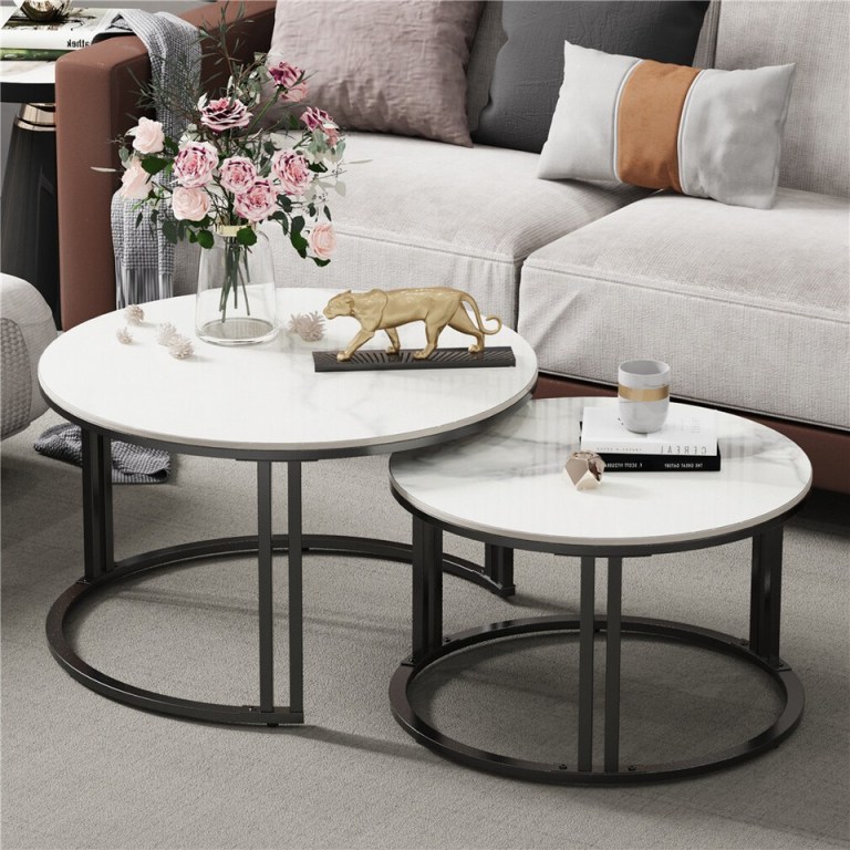 stylish round nesting coffee tables with metal frame Modern nested marble coffee tables in living room