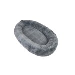 Grey plush oval pet bed on white background