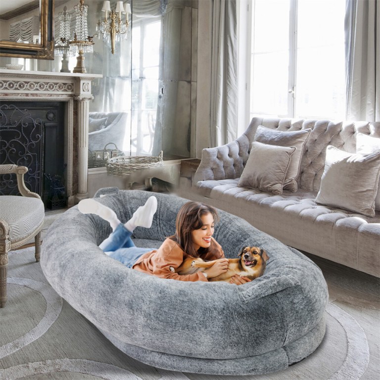 Woman cuddling small dog on plush pet bed