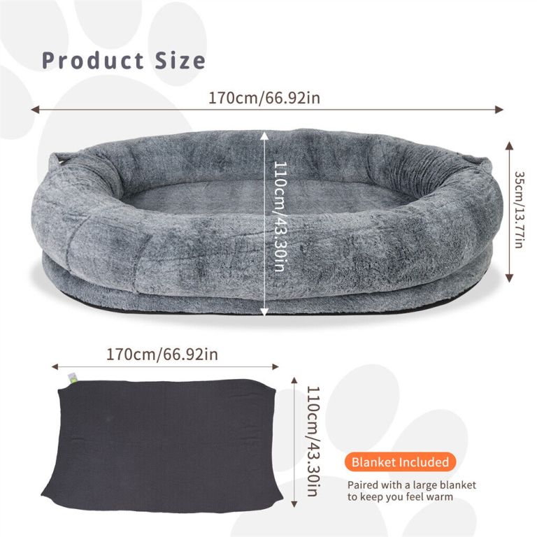 Large grey pet bed with size dimensions shown