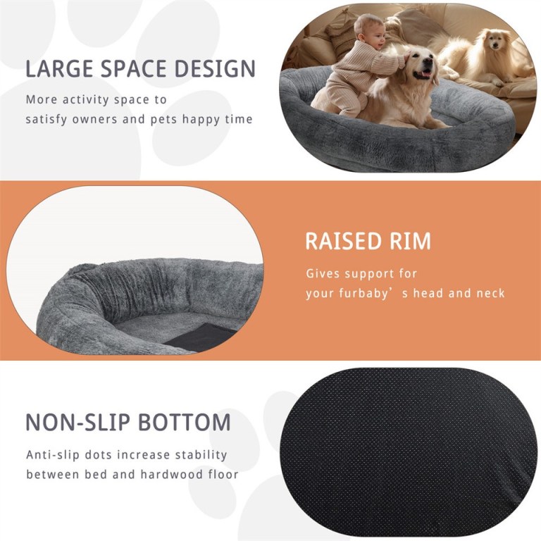 Large grey dog bed with raised rim