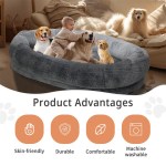 Baby with dogs on large grey pet bed