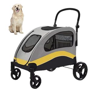 Grey and yellow pet stroller with golden retriever