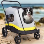 large dog stroller foldable pet pushchair with doors Border collie in pet stroller on beach