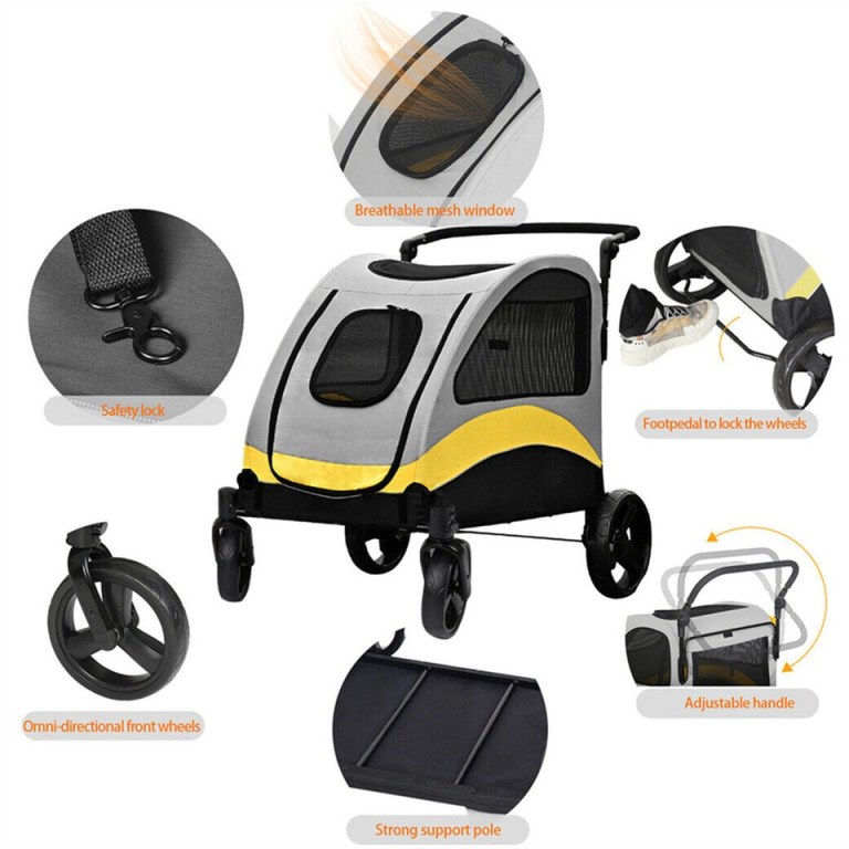 large dog stroller foldable pet pushchair with doors Grey and yellow pet stroller with mesh windows