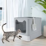 stainless steel enclosed cat litter box top exit pet toilet box w/ litter scoop Cat approaching modern enclosed litter box indoors