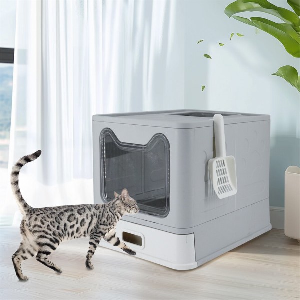stainless steel enclosed cat litter box top exit pet toilet box w/ litter scoop Cat approaching modern enclosed litter box indoors