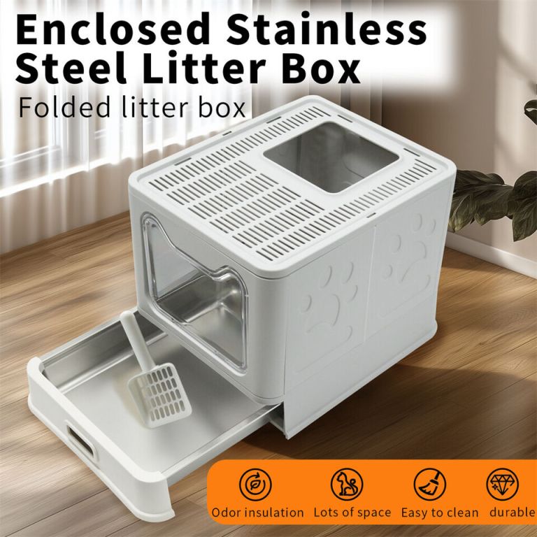 stainless steel enclosed cat litter box top exit pet toilet box w/ litter scoop Enclosed stainless steel cat litter box with tray