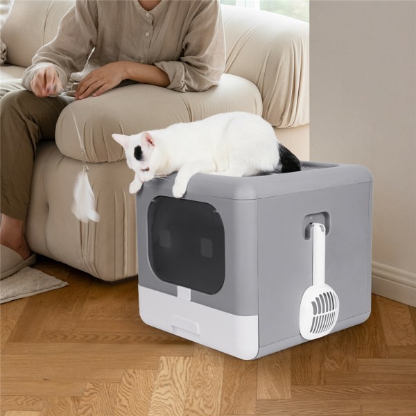 White cat resting on enclosed litter box