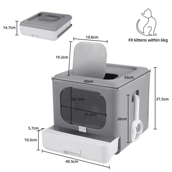 Enclosed cat litter box with labelled dimensions