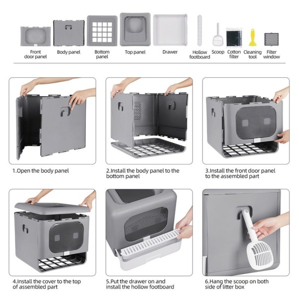 Step-by-step assembly of enclosed cat litter box