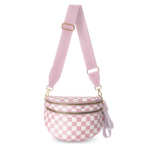 Pink checkerboard crossbody bag with wide strap