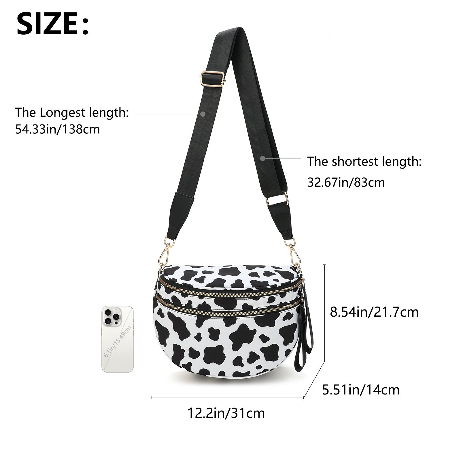 Cow print crossbody bag with adjustable strap
