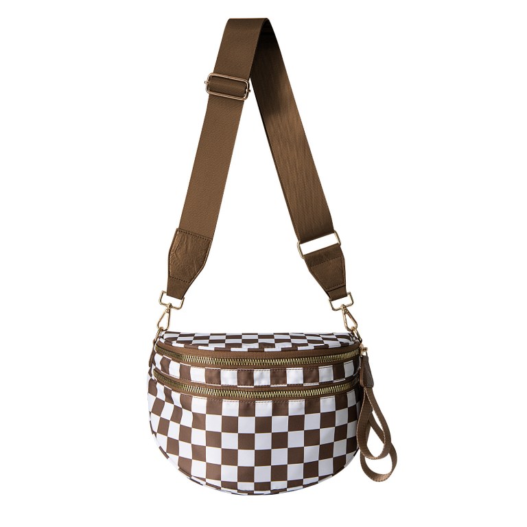 Brown and white checkerboard crossbody bag