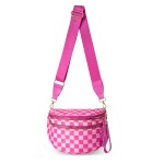 Pink checkerboard crossbody bag with wide strap