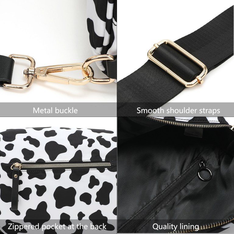 Cow print bag with gold hardware details