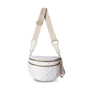 Cream checkered crossbody bag with wide adjustable strap