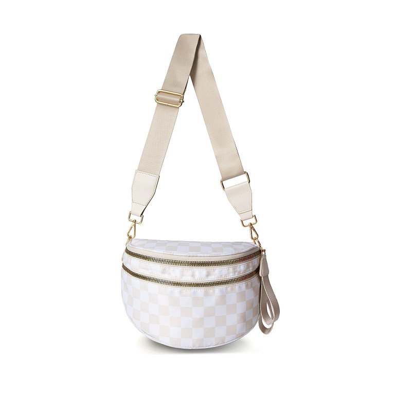 Cream checkered crossbody bag with wide adjustable strap