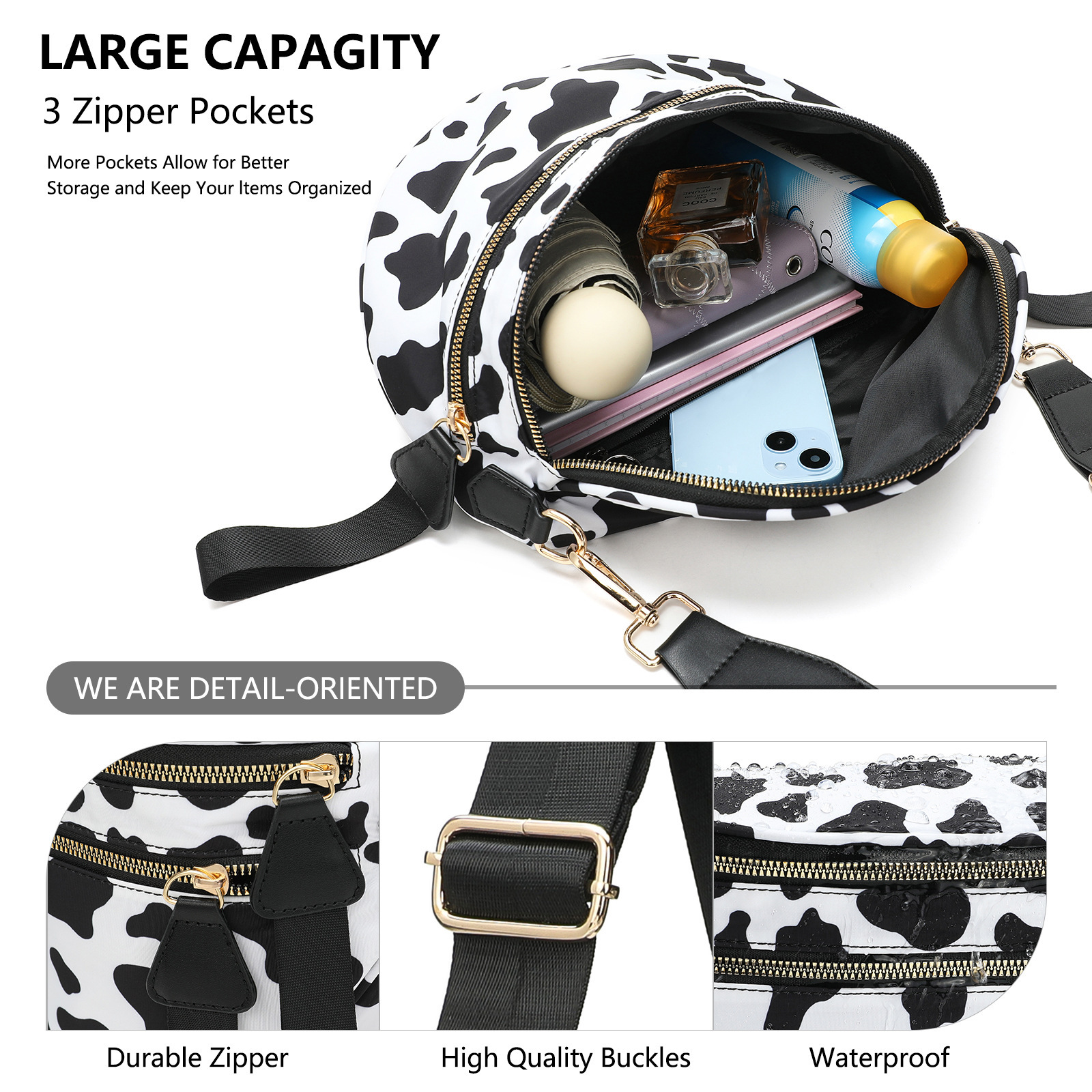 Cow print crossbody bag with large capacity