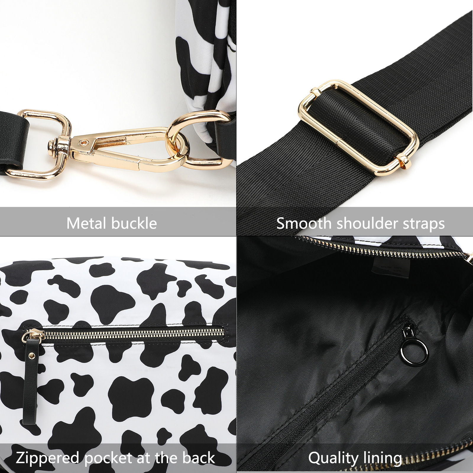 Cow print handbag with gold hardware details
