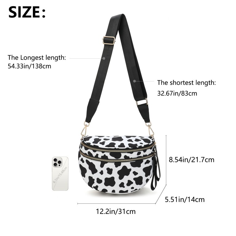 Cow print crossbody bag with adjustable strap