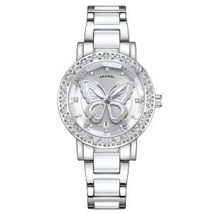 Silver butterfly dial watch with crystal bezel