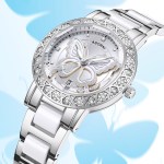 women's butterfly quartz watch with ceramic steel strap and luminous hands (silver shell white surface steel belt) Silver butterfly watch with crystal-studded bezel