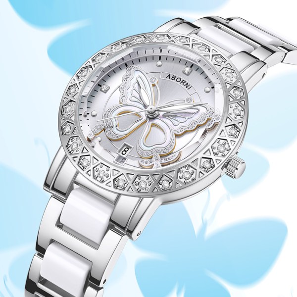 Silver butterfly watch with crystal-studded bezel