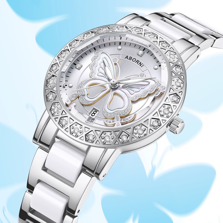 women's butterfly quartz watch with ceramic steel strap and luminous hands (silver shell white surface steel belt) Silver butterfly watch with crystal-studded bezel