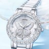 women's butterfly quartz watch with ceramic steel strap and luminous hands (silver shell white surface steel belt) Silver butterfly dial watch with crystal bezel