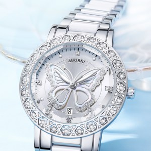 Silver butterfly dial watch with crystal bezel