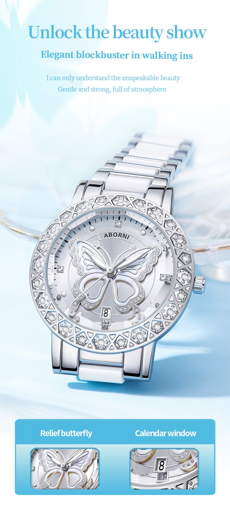 women's butterfly quartz watch with ceramic steel strap and luminous hands (silver shell white surface steel belt) Silver butterfly dial watch with crystal bezel