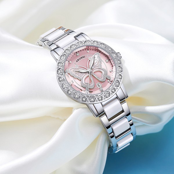 Silver butterfly watch with pink dial and crystals