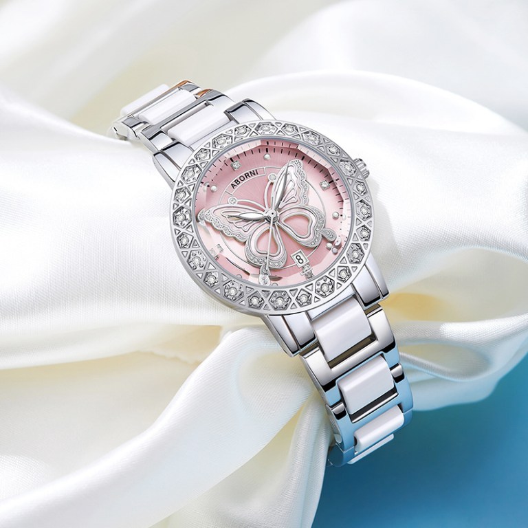 Silver butterfly watch with pink dial and crystals