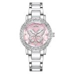 Silver butterfly watch with pink dial and crystals