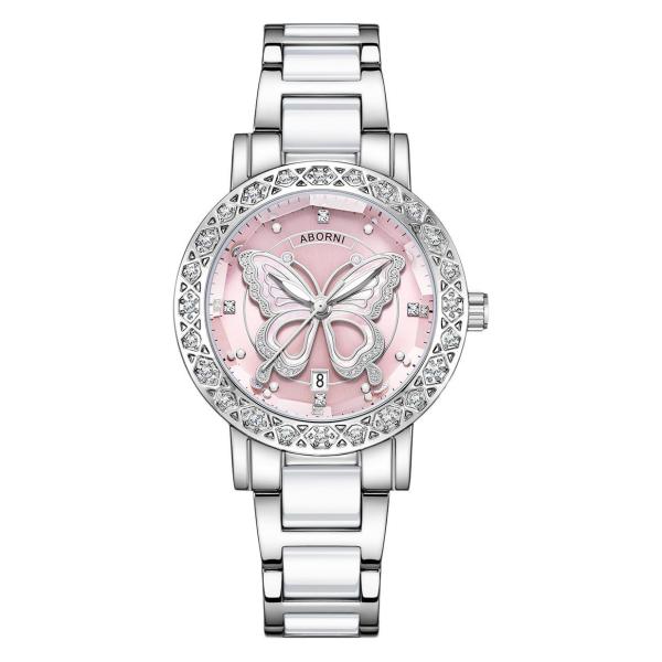 Silver butterfly watch with pink dial and crystals
