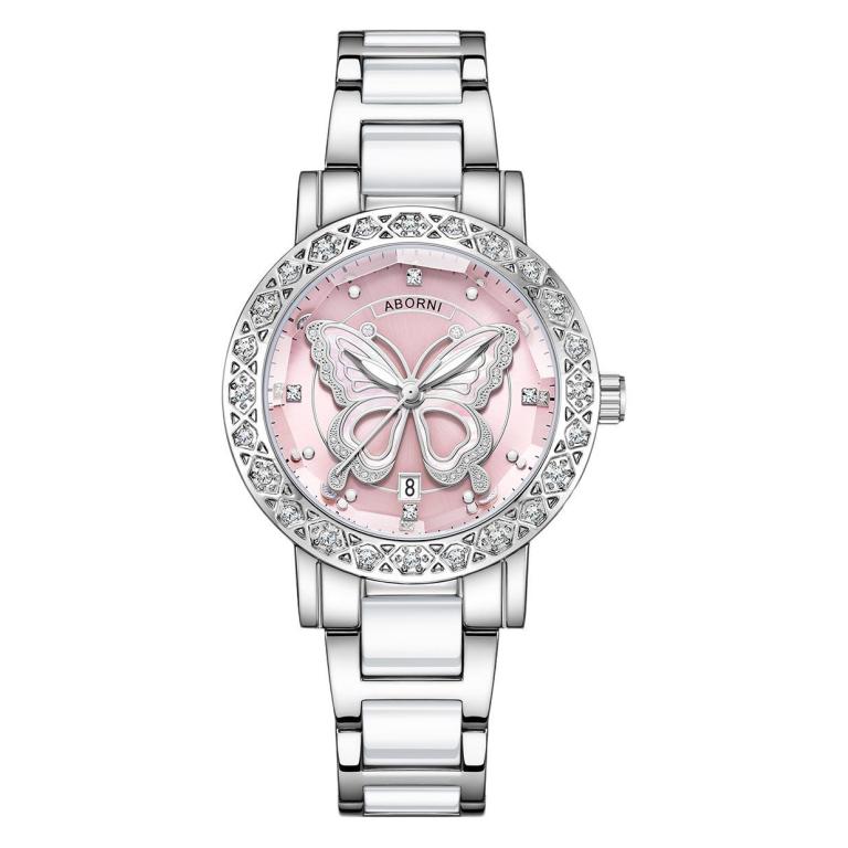 Silver butterfly watch with pink dial and crystals