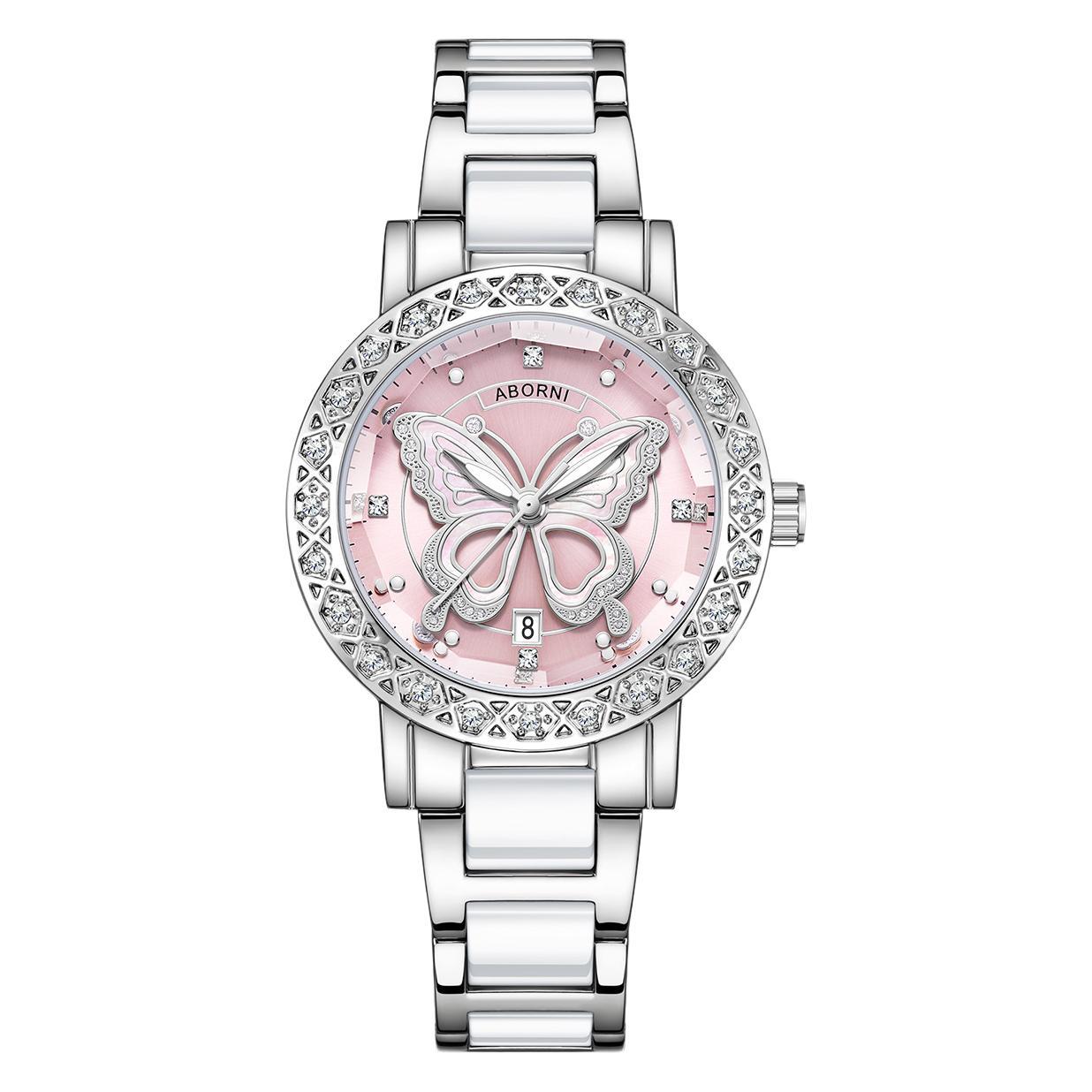 Silver butterfly watch with pink dial and crystals