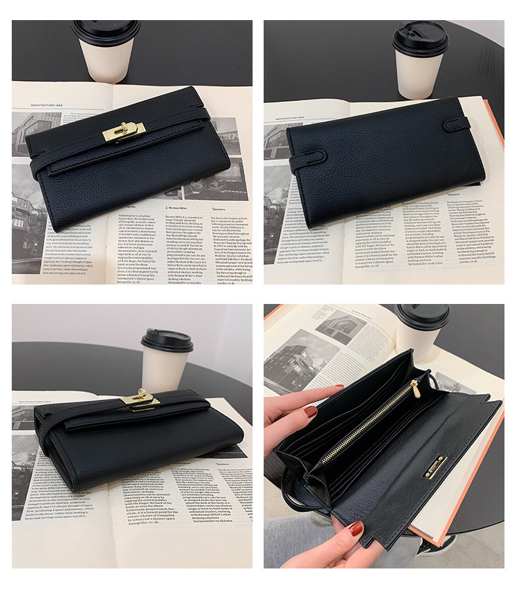 black elegant women's turn lock long wallet black pu leather clutch purse with card slots & zipper pocket Black leather clutch wallet on open book