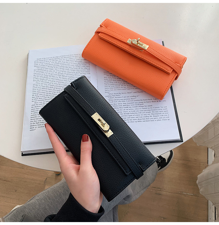 black elegant women's turn lock long wallet black pu leather clutch purse with card slots & zipper pocket Black and orange leather wallets on book
