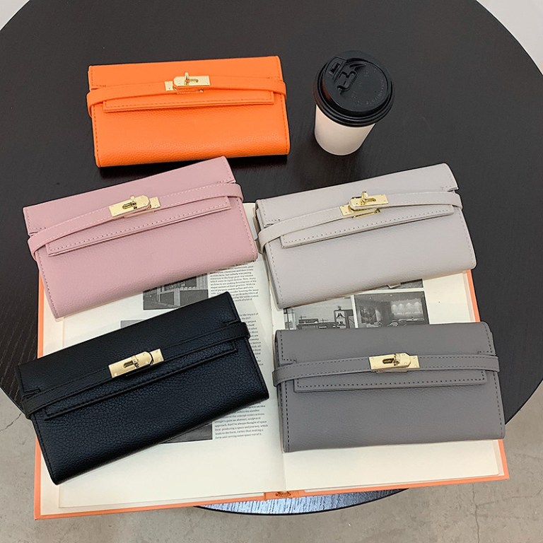 pink elegant women's turn lock long wallet black pu leather clutch purse with card slots & zipper pocket Five leather wallets on book with coffee cup