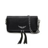 Black leather crossbody bag with silver chain strap
