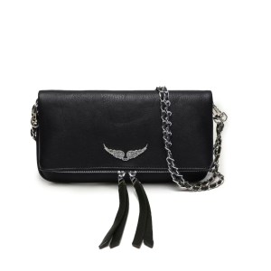 Black leather crossbody bag with silver chain strap