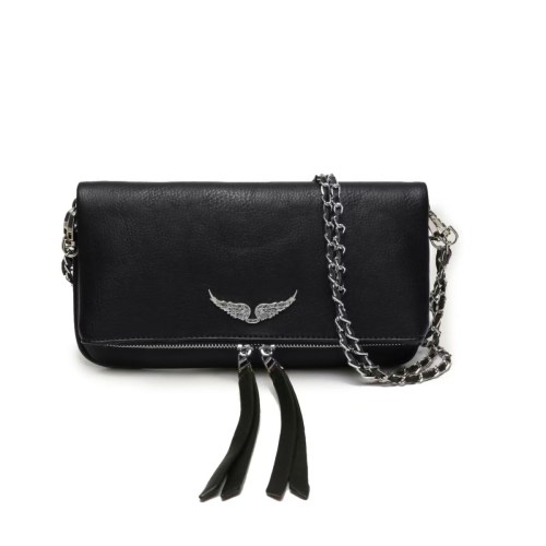 Black leather crossbody bag with silver chain strap
