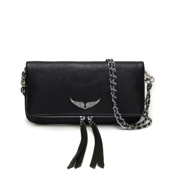 Black leather crossbody bag with silver chain strap