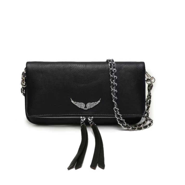 Black leather crossbody bag with silver chain strap