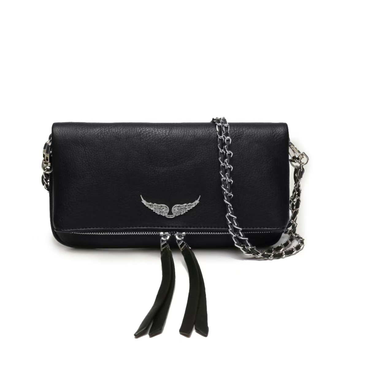 Black leather crossbody bag with silver chain strap